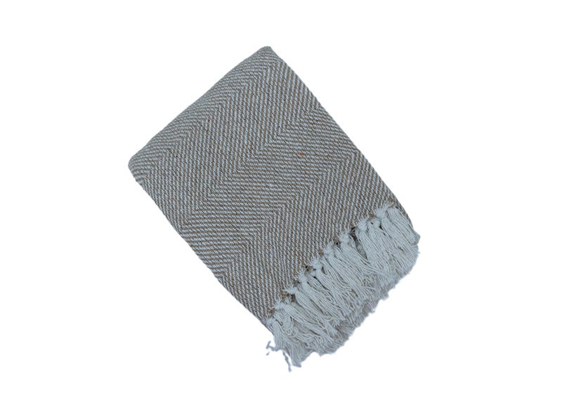 Ambrosia 130 x 160 cm 400GSM Cotton Throw Blanket Beige Striped Herringbone Pattern, Cozy Boho Decorative Woven Fringe Blanket for Sofa Couch Bed and Travel - Image 1
